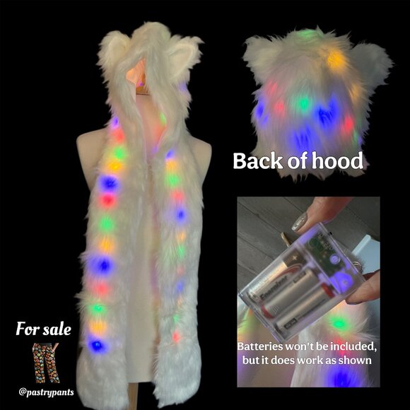 LED Light-Up Faux Fur Spirit Hood w/ Ears & Paw Mittens – White, Festival Rave - Picture 4 of 4